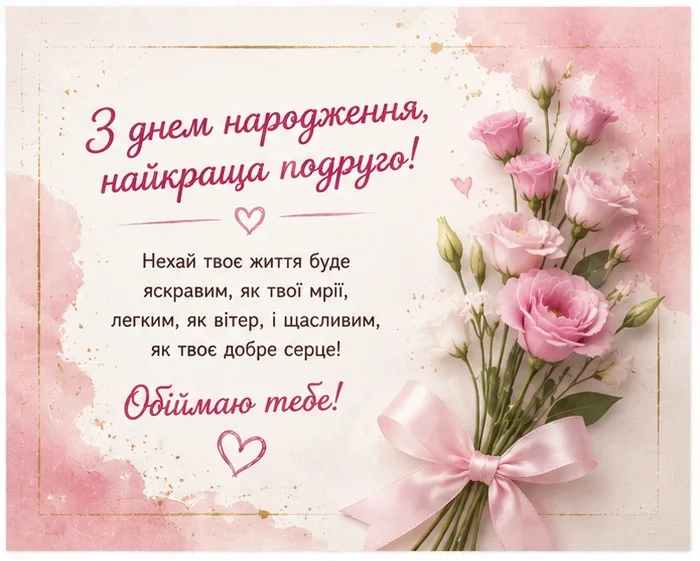 Листівка в рожевих тонах з тендітним букетиком та щирими побажаннями для найкращої подруги