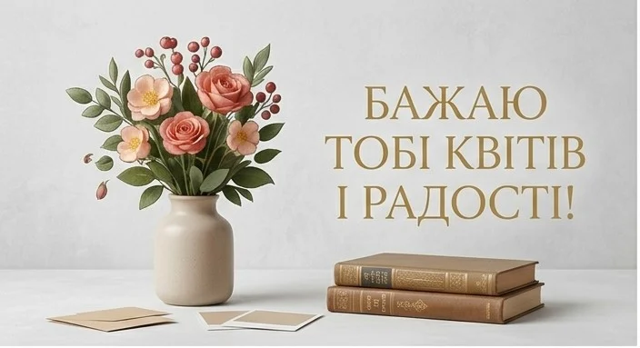 Проста листівка для подругb з букетом квітів у вазі, книжками, фото та щирими побажаннями