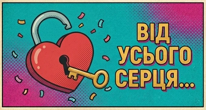 Яскрава листівка з символічним зображенням серця та ключа від нього і коротким глибоким написом