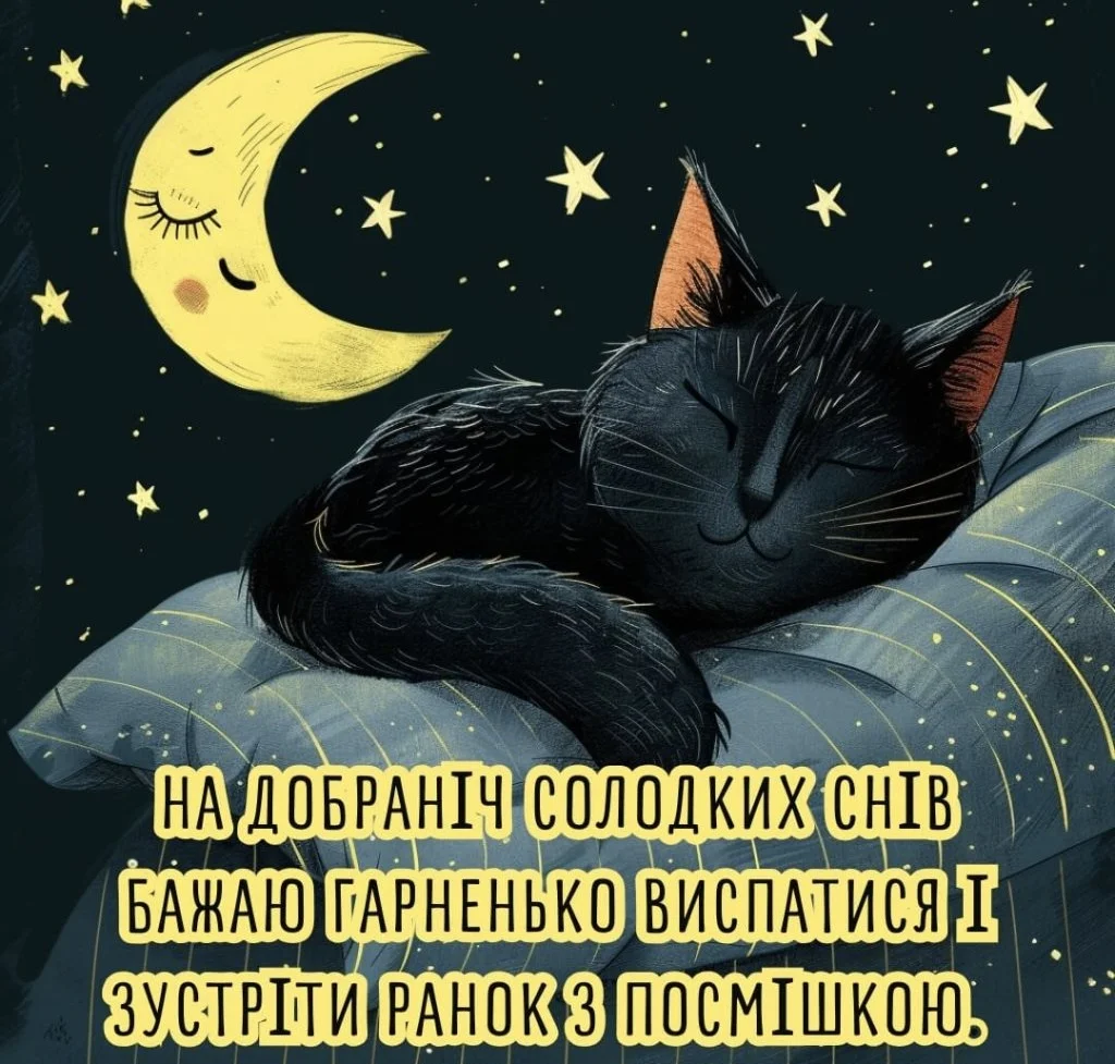 Милий чорний котик спить під місяцем