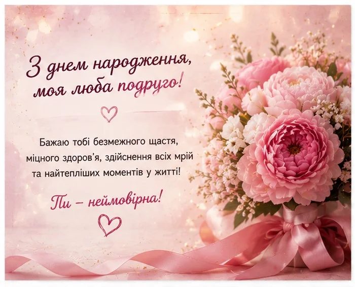 Ніжна рожева листівка з гарним пишним букетом, стрічкою та душевним привітанням