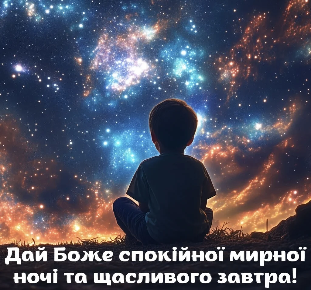 Хлопчик сидить спиною і дивиться на зорі
