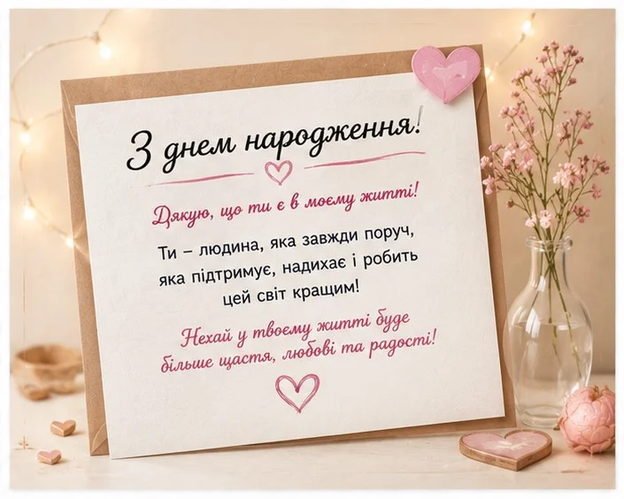 Листівка з ніжним дизайном у пастельних тонах, словами подяки та побажаннями близькій людині