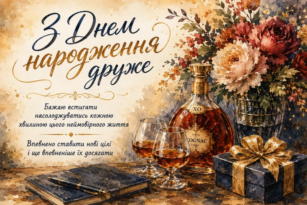 Подарунок, квіти та коньяк для друга