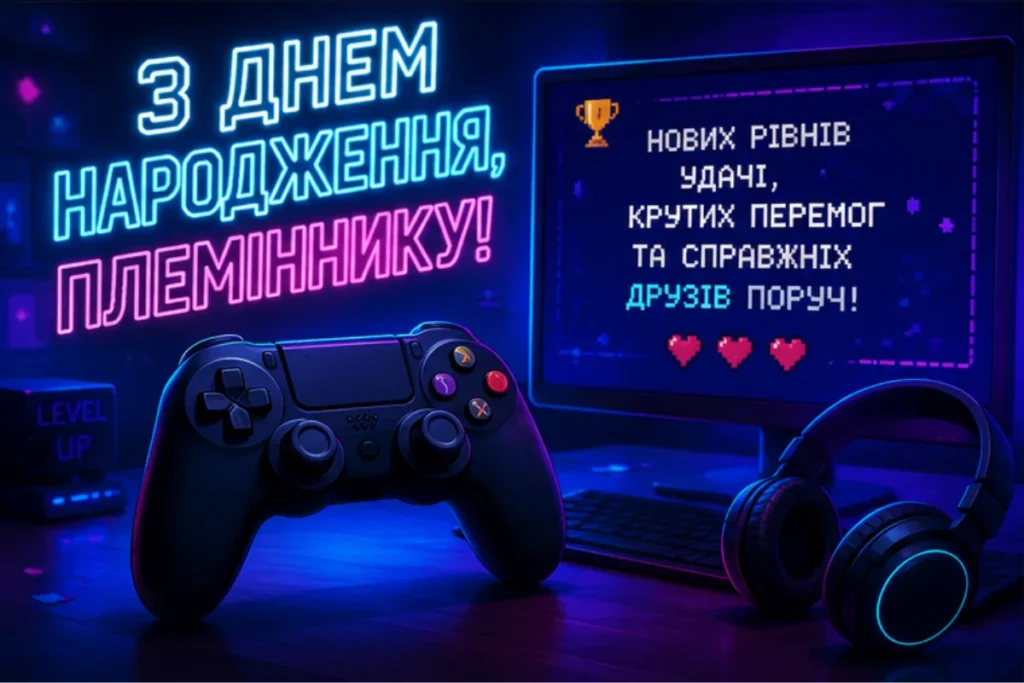 Листівка з днем народження племіннику з джойстиком і навушниками