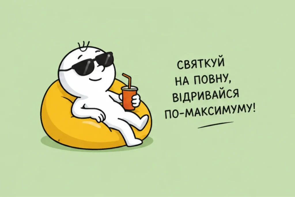Весела листівка-привітання з чоловічком у кріслі-мішку