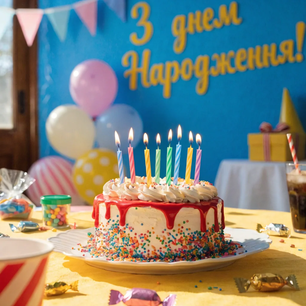Святковий стіл на день народження із тортом та кульками