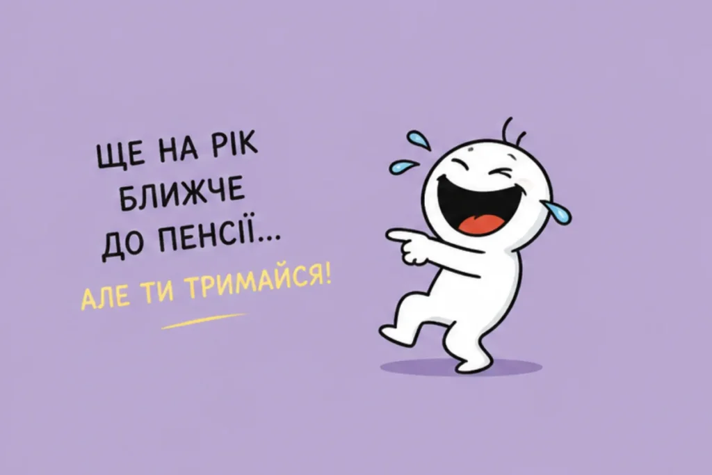 Жартівлива листівка з чоловічками і фразою про рік ближче до пенсії