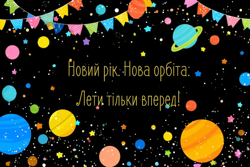 Космічна листівка-привітання з планетами і написом