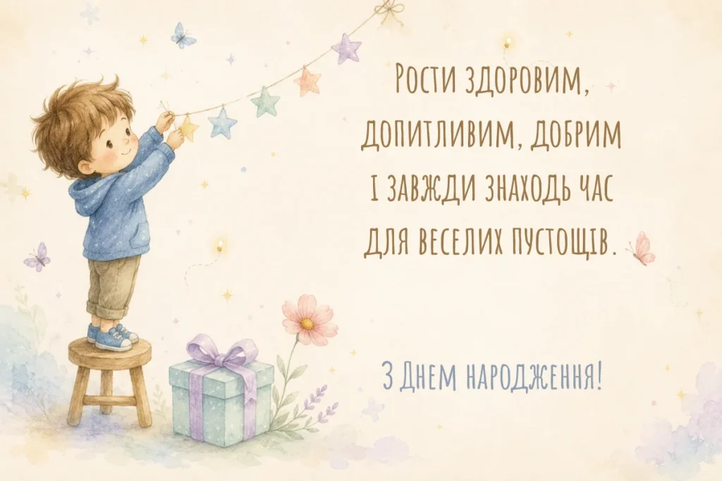 Ніжна листівка з хлопчиком і побажанням рости здоровим