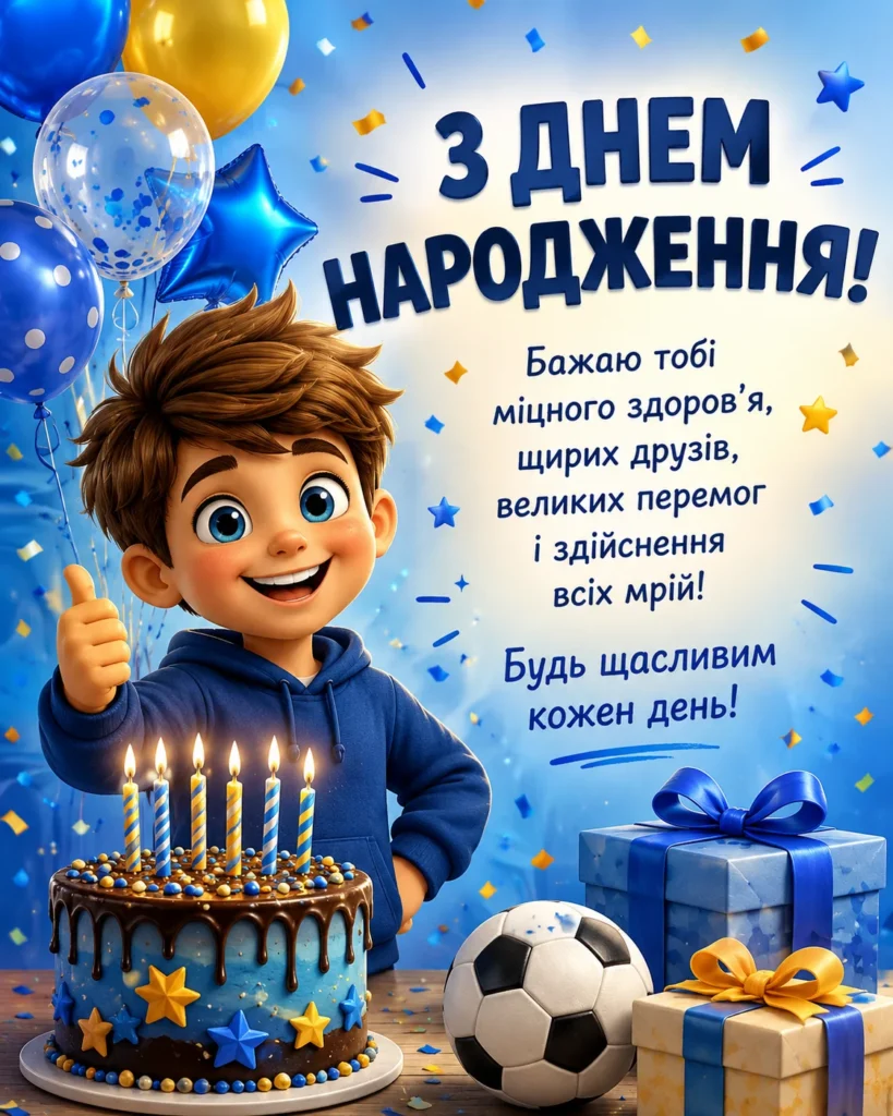 Хлопчик із тортом та подарунками