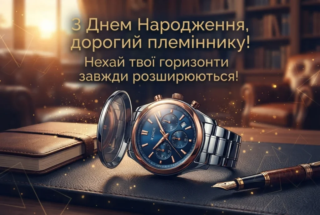 Наручний годинник і книги на столі з привітанням племіннику