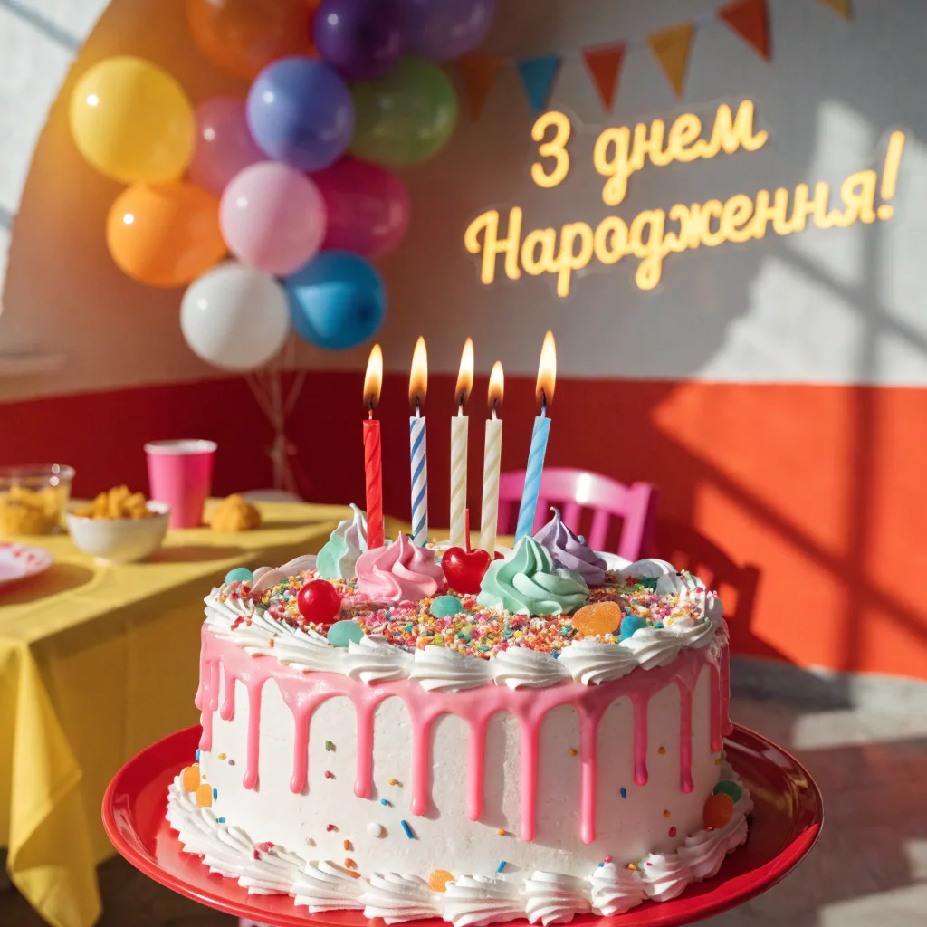 Рожевий торт із свічками на день народження