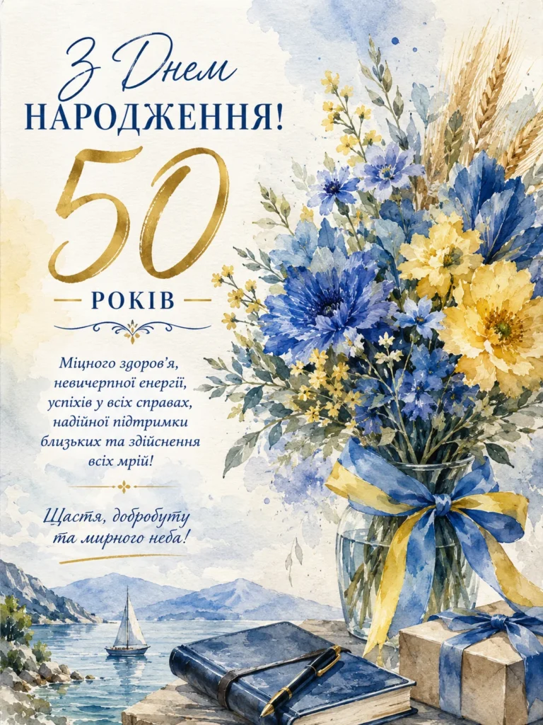 красива акварельна листівка з квітами, прапором, привітаннями на 50 років 