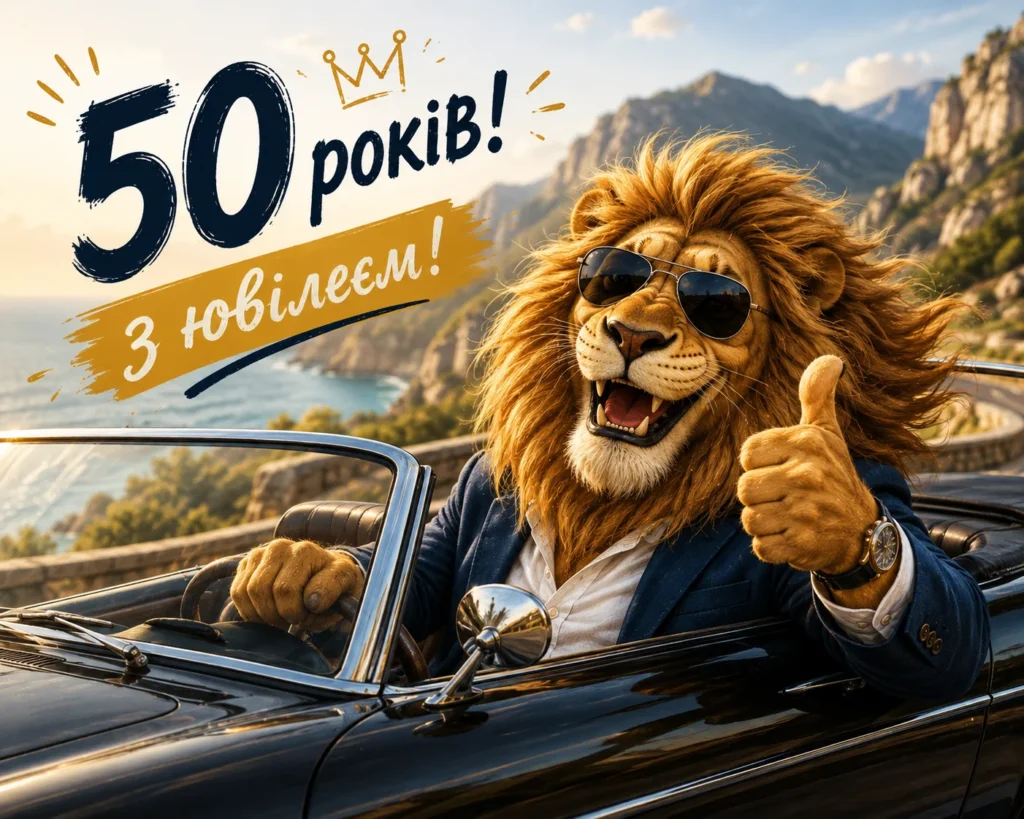 крутий лев за кермом і напис “50 років, з ювілеєм!”