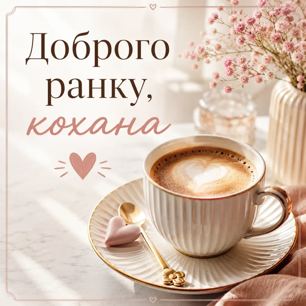 стильна листівка з кавою та побажанням доброго ранку коханій