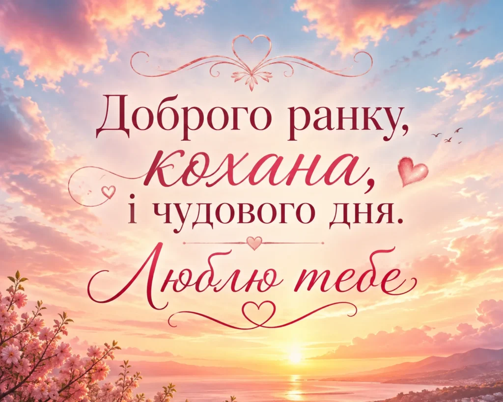 листівка з красивим небом "Доброго ранку, кохана, і чудового дня. Люблю тебе" 