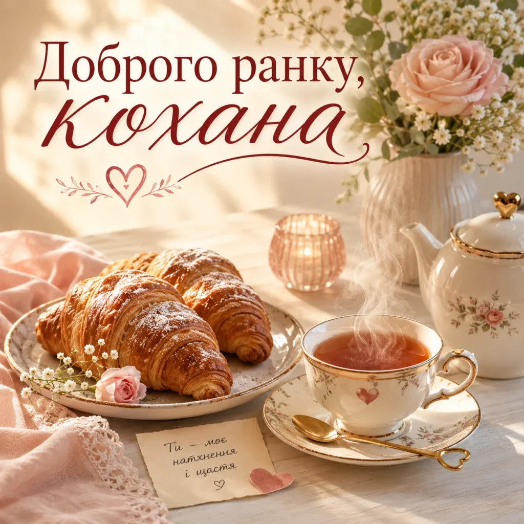 ніжна картинка “доброго ранку” з круасанами, чаєм та листівкою 