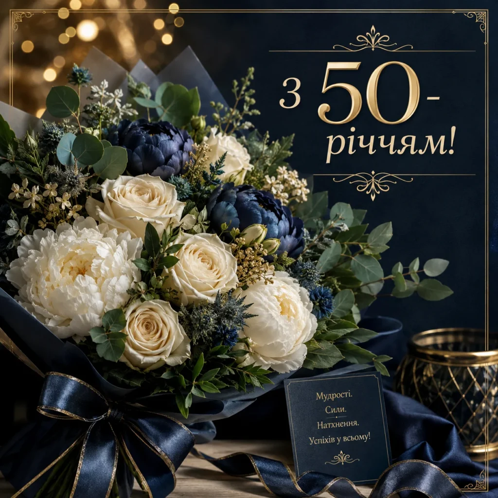 картинка з ювілеєм 50 років із букетом мужчині
