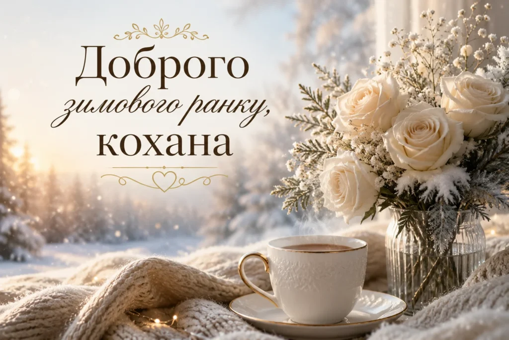 листівка “доброго зимового ранку, кохана” з кавою, пледом та квітами