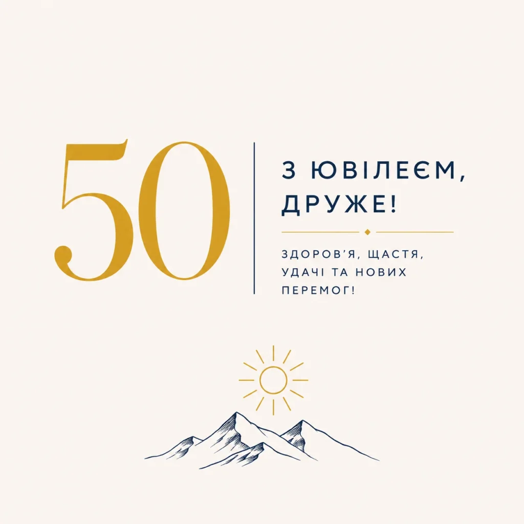 Елегантна листівка для друга «50» з горами 