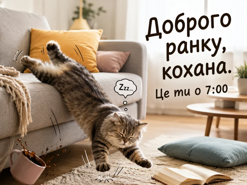 прикольний кіт, що падає з дивана та побажання “доброго ранку”