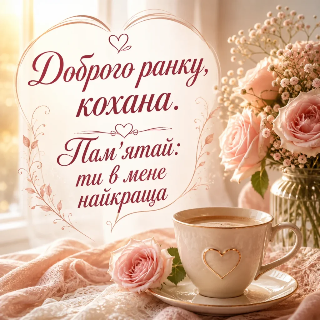 листівка “доброго ранку, кохана” з компліментом, кавою та квітами