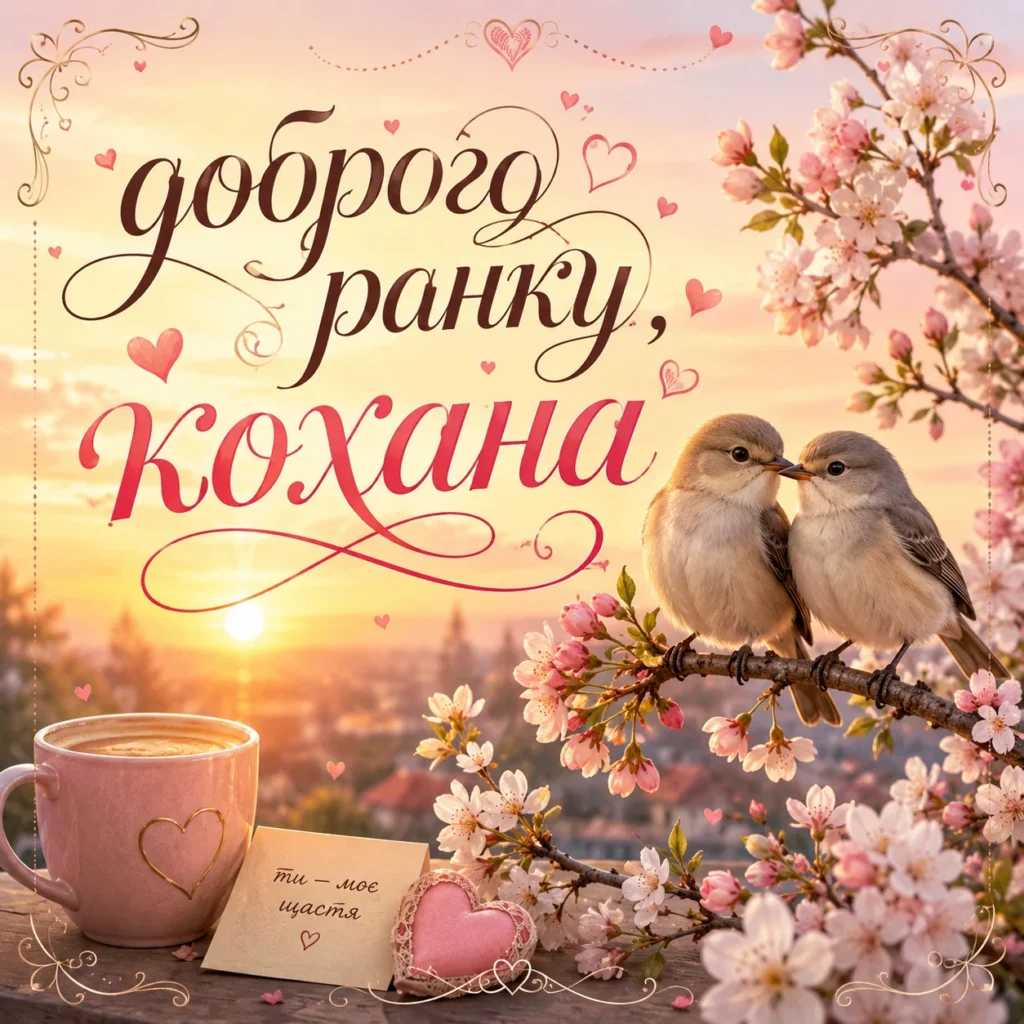 романтичне привітання з добрим ранком коханій з пташками, цвітом дерев та кавою