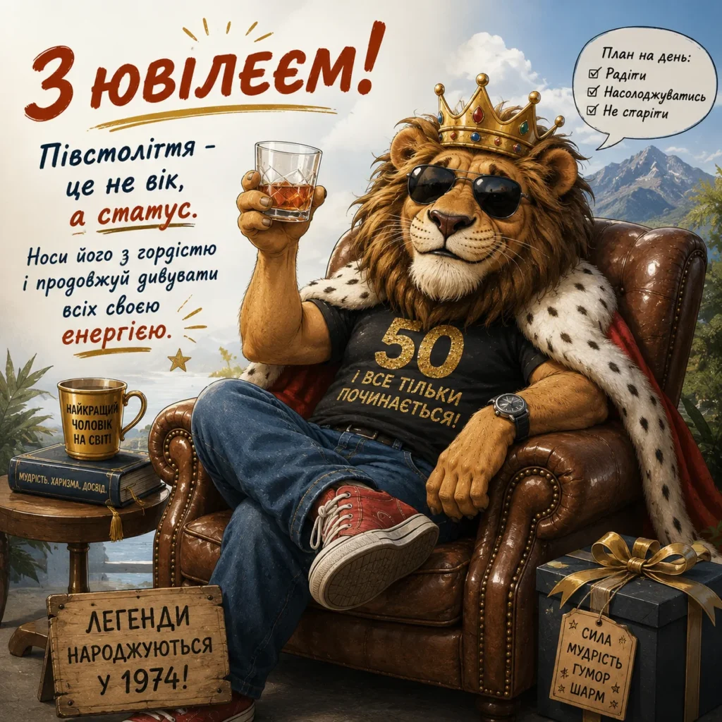 прикольна картинка з левом в короні та привітанням з ювілеєм 50 років