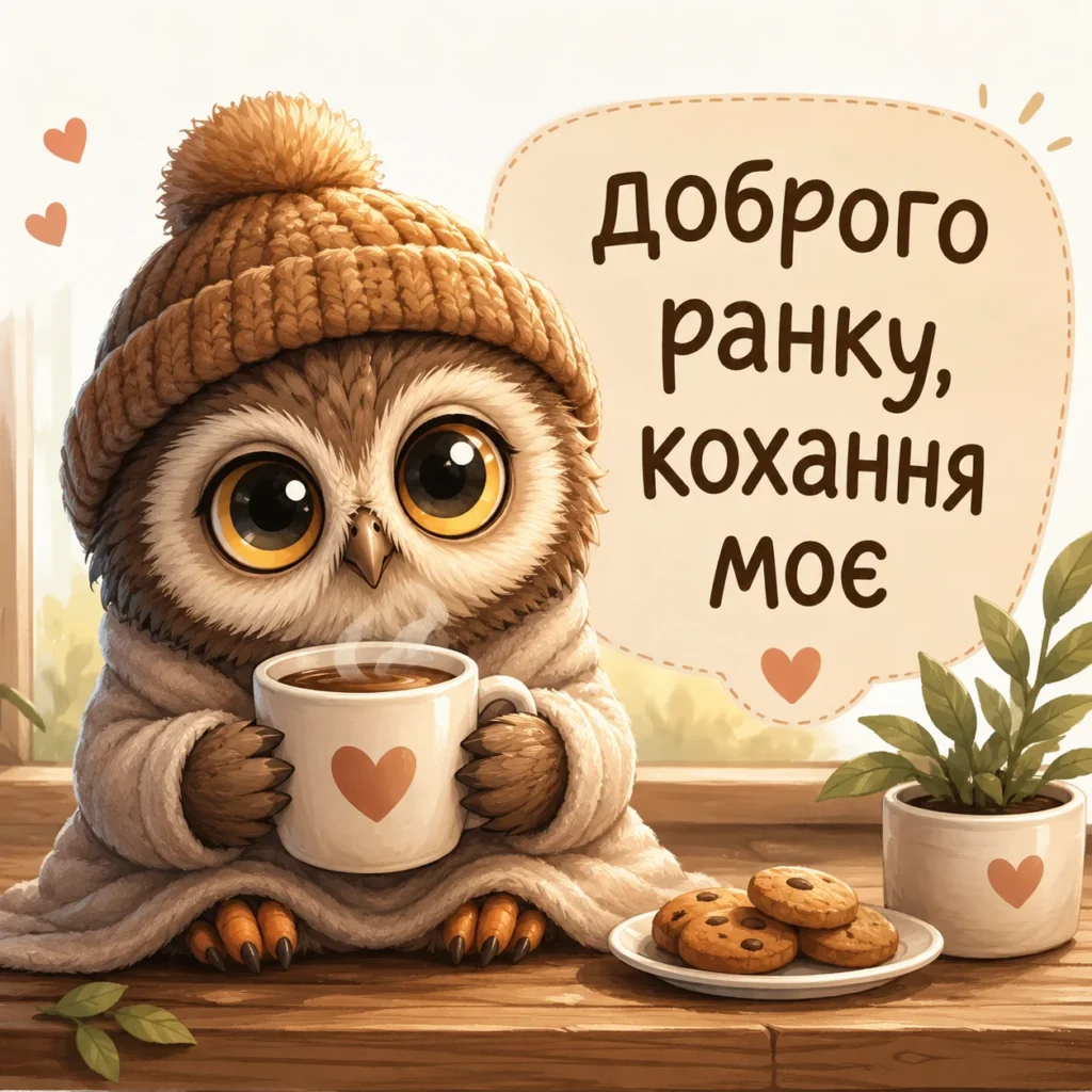 мила сова з кавою та побажанням доброго ранку