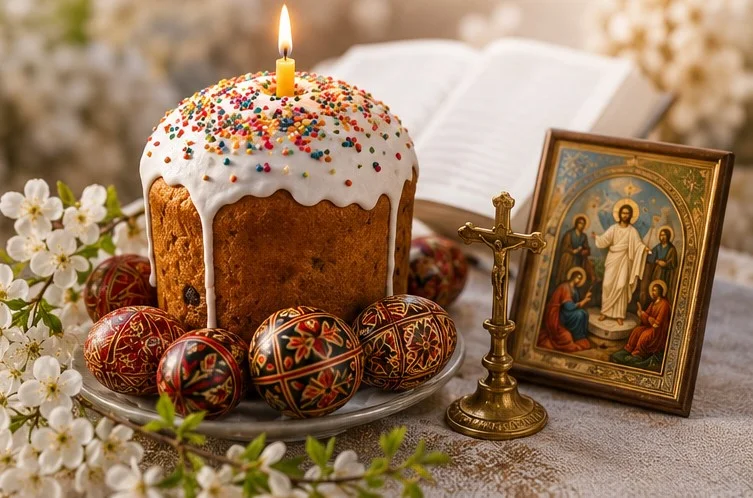 Паска та писанки біля ікони та вишневого квіту