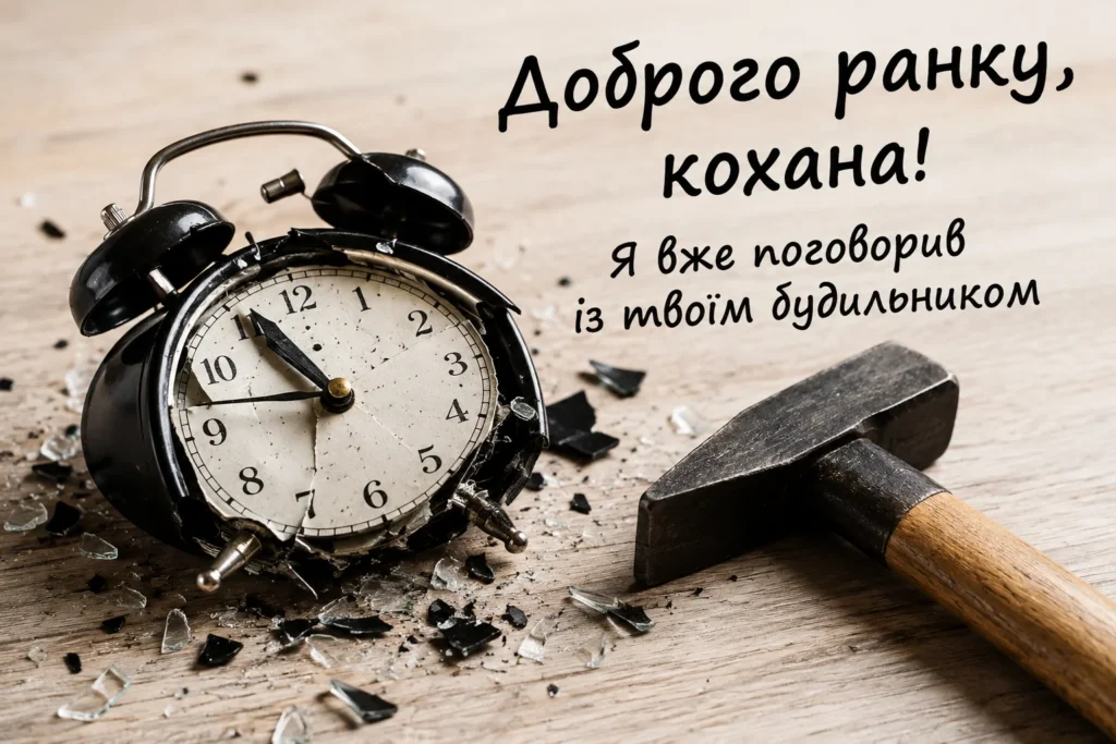прикольна картинка з розбитим будильником та побажанням “доброго ранку, кохана”