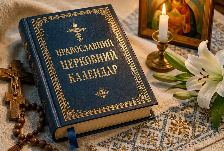 Православний церковний календар поруч із хрестом, вервицею, запаленою свічкою, іконою та білою лілією