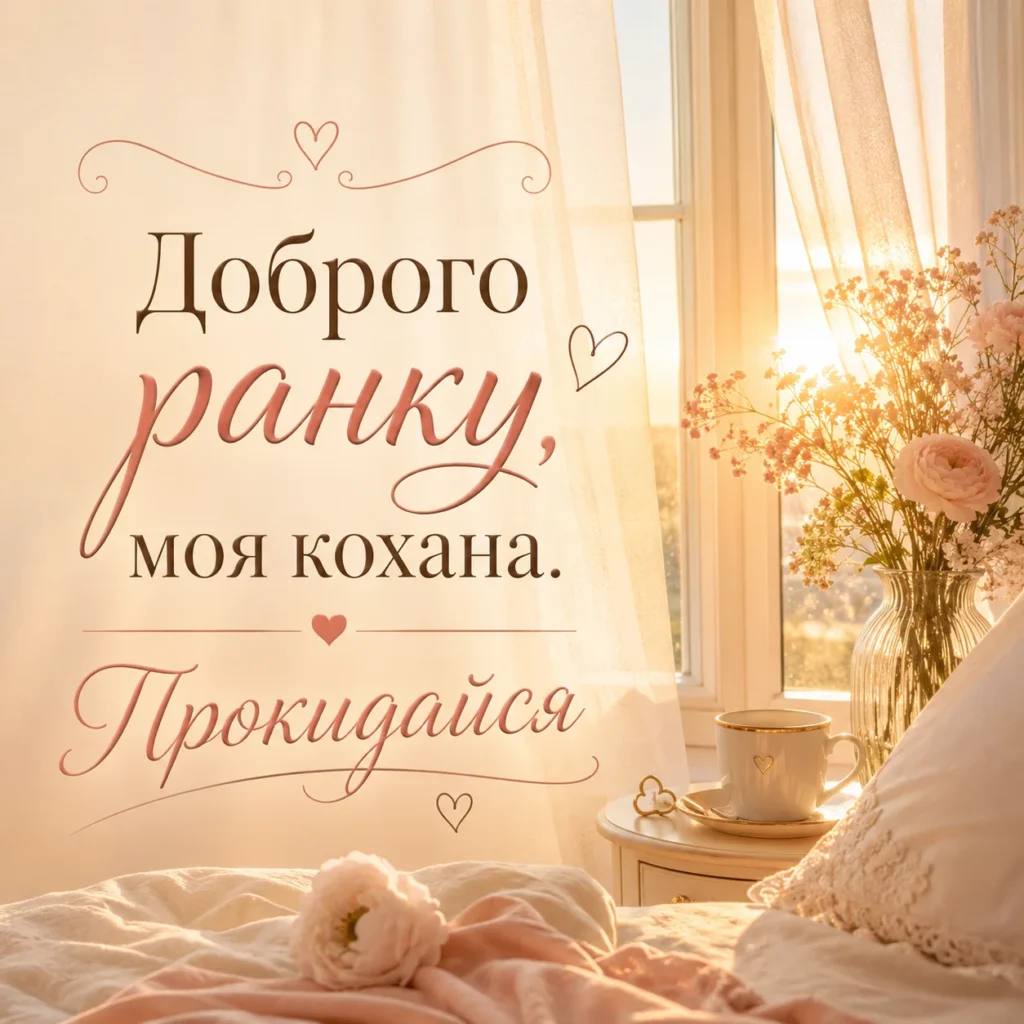 Сонячний промінь крізь штори та напис «Доброго ранку, моя кохана. Прокидайся»