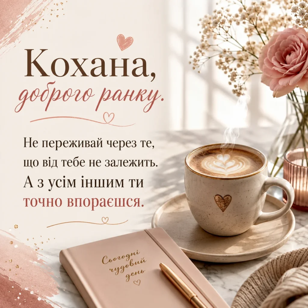 красива картинка з словами підтримки, кавою та  “доброго ранку кохана”