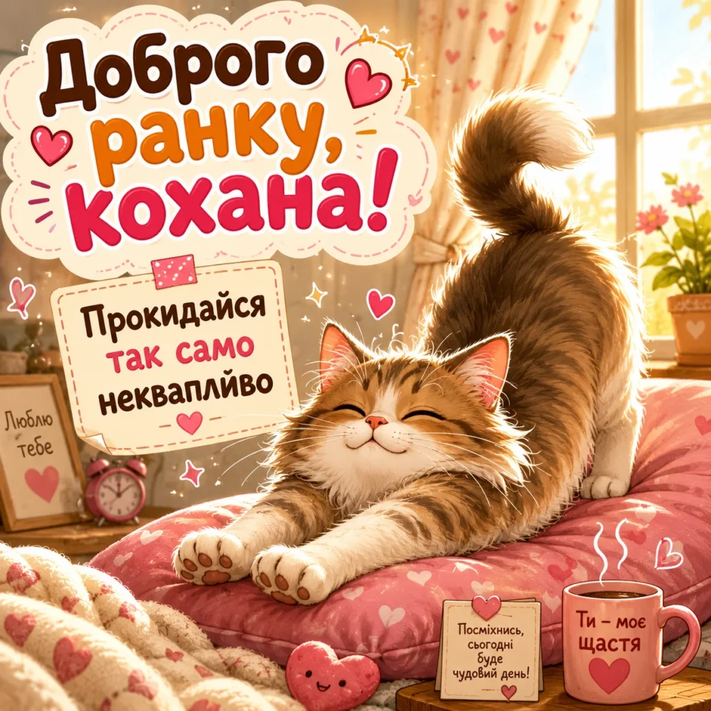 прикольна картинка з котом, що потягується та написом “доброго ранку, кохана”