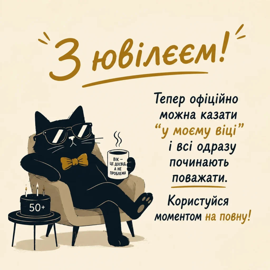 кіт з кавою, торт та привітання з 50 