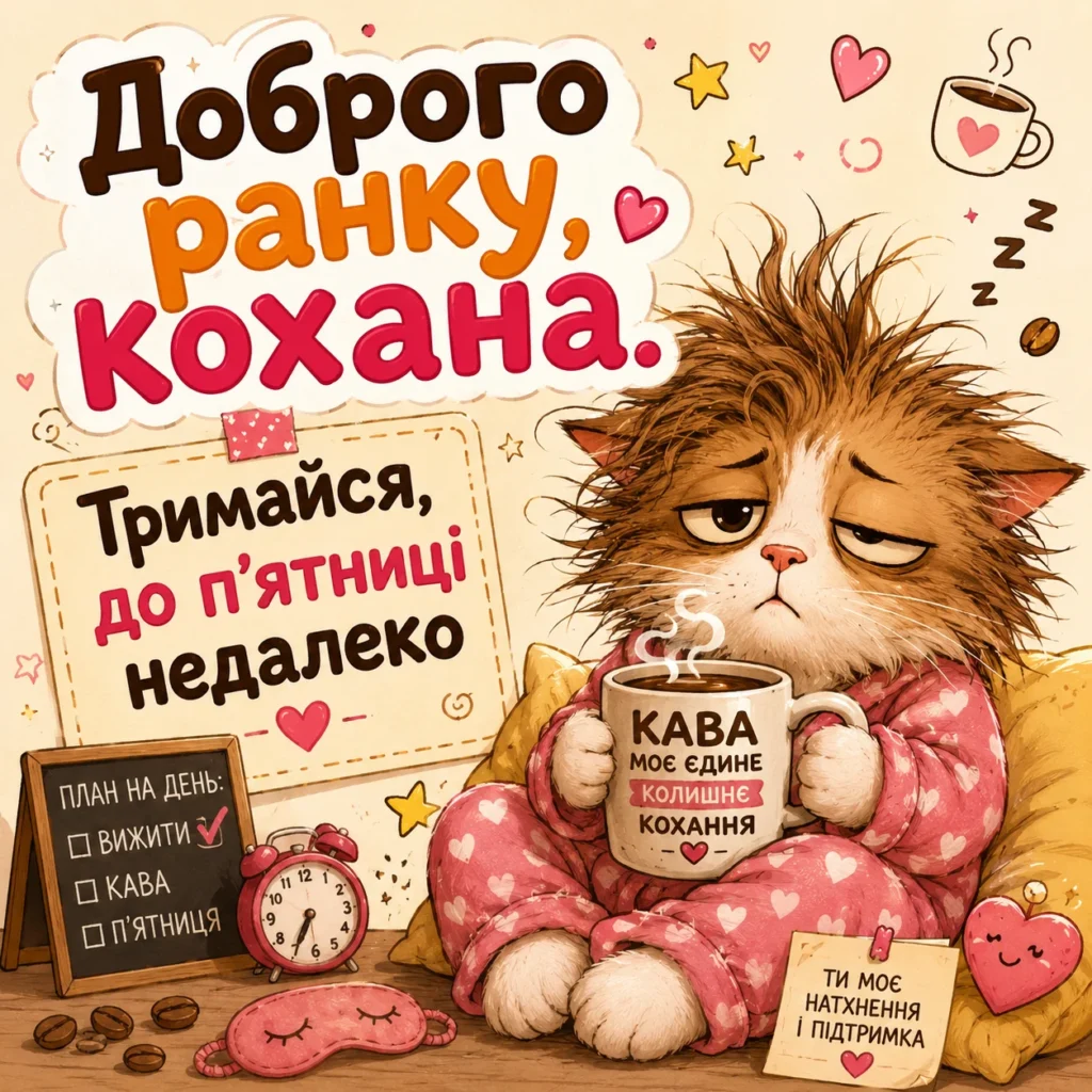 смішна картинка з котом та кавою «Доброго ранку, кохана. Тримайся, до п'ятниці недалеко»