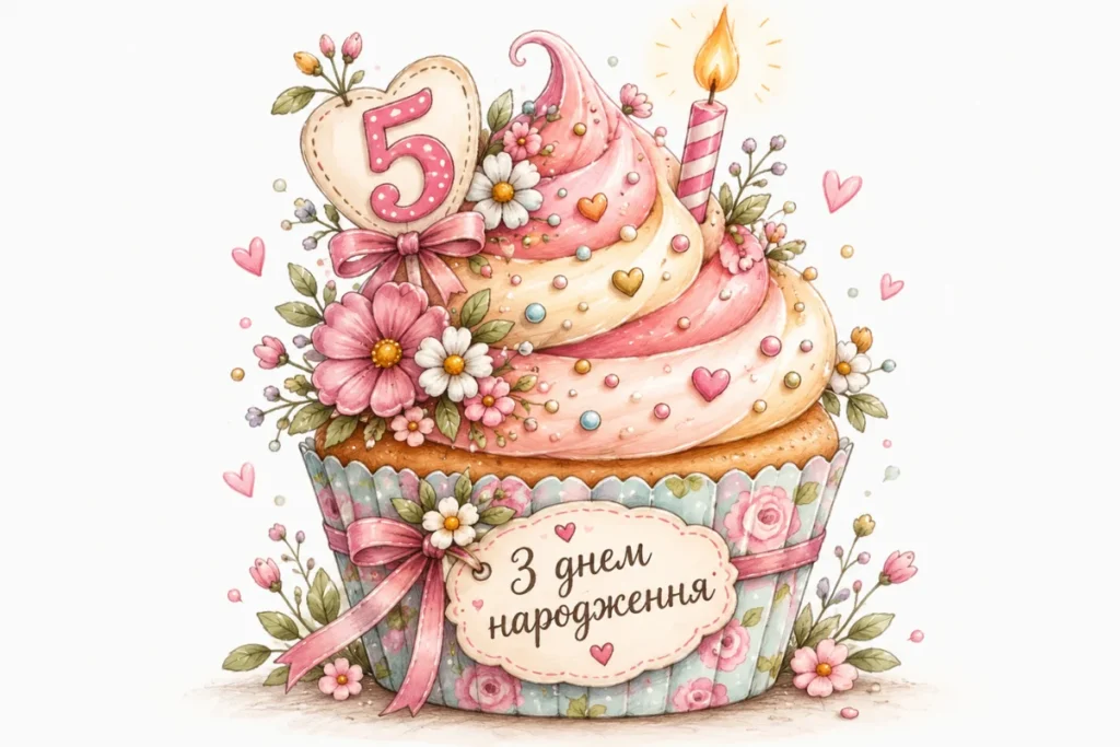 Рожевий святковий капкейк зі свічкою на 5 років