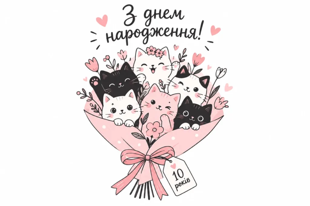 Букет із милих котиків з написом «З днем народження»