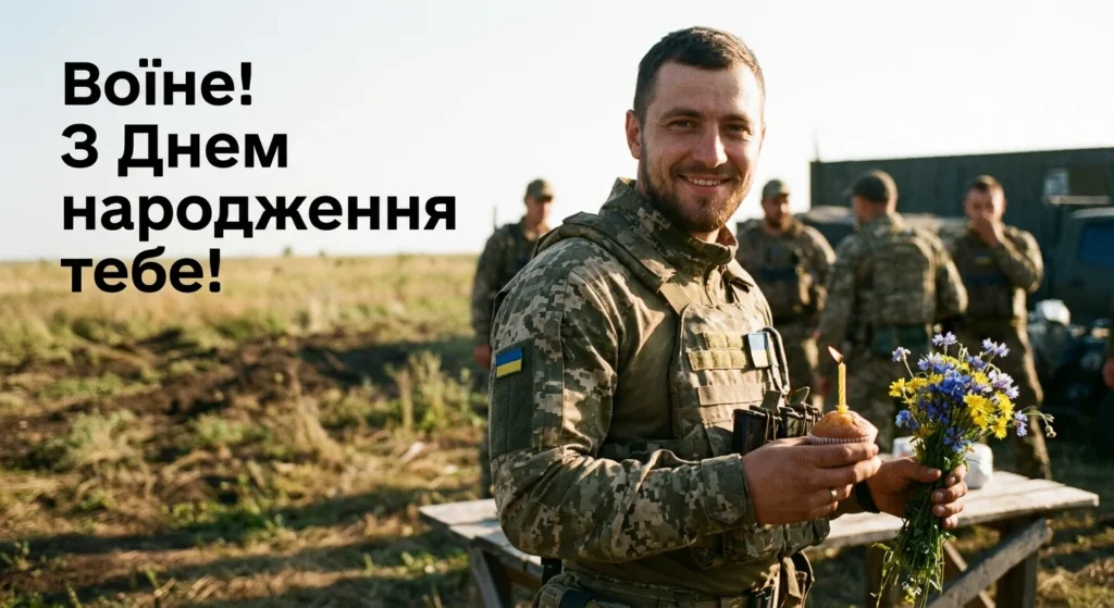 Військовий із букетом польових квітів та кексиком