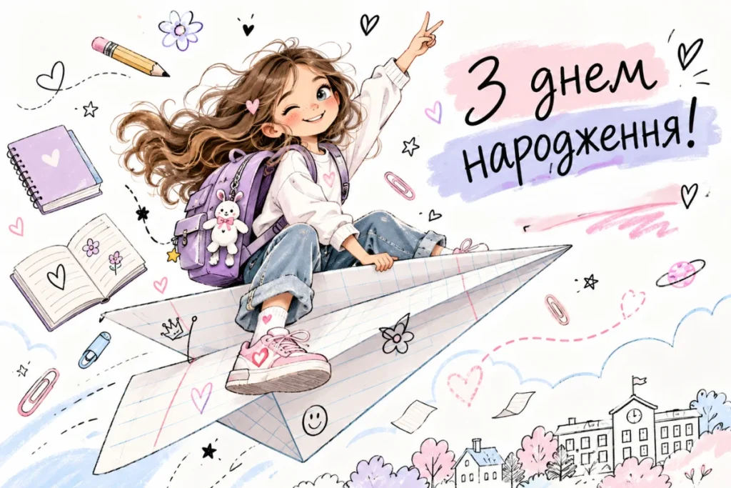 Дівчинка летить на паперовому літачку з привітанням з днем народження
