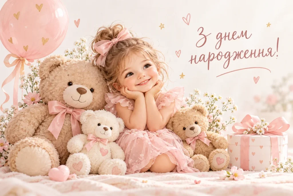 Маленька дівчинка з ведмедиками, кулькою та подарунком