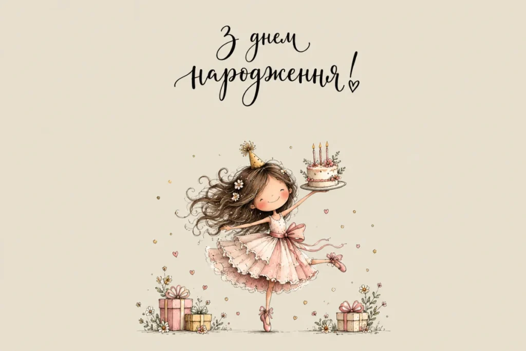 Дівчинка в святковій сукні тримає торт зі свічками