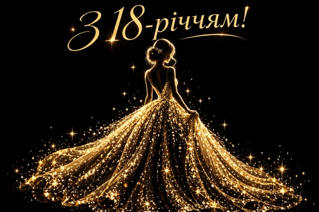 Дівчина у блискучій золотій сукні з привітанням на 18 років