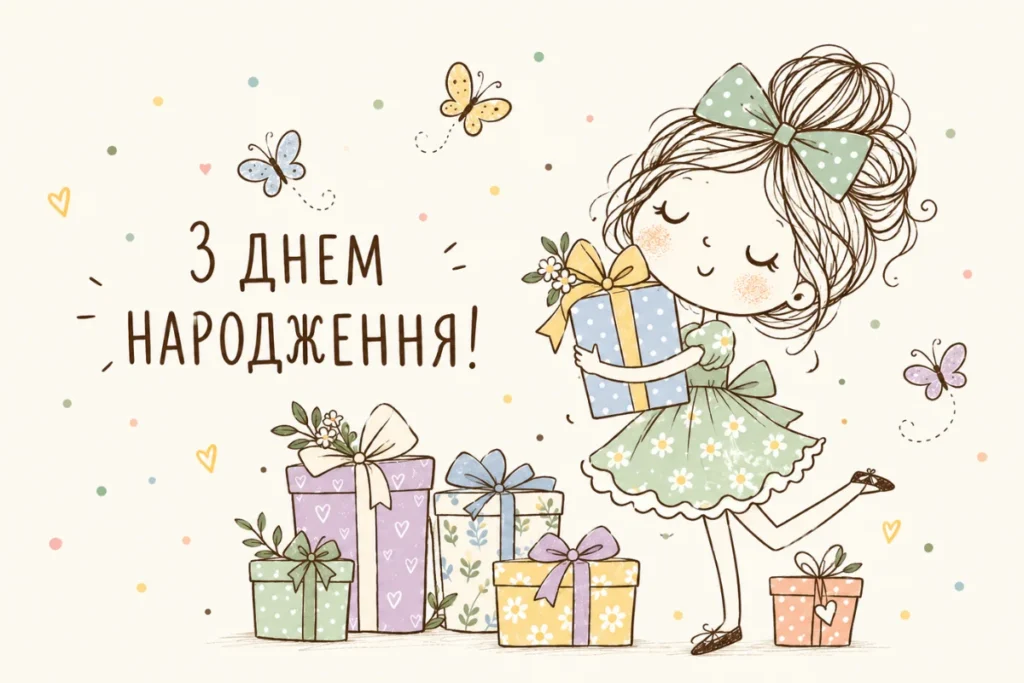 Дівчинка з подарунком серед кольорових коробок і метеликів