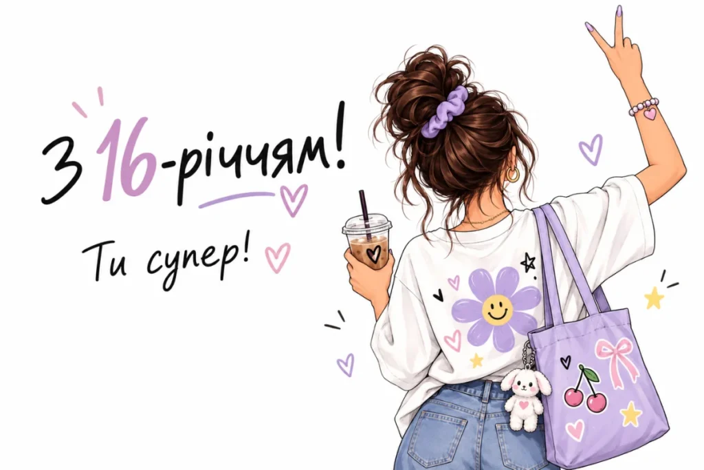 Стильна дівчина з напоєм і привітанням до 16-річчя