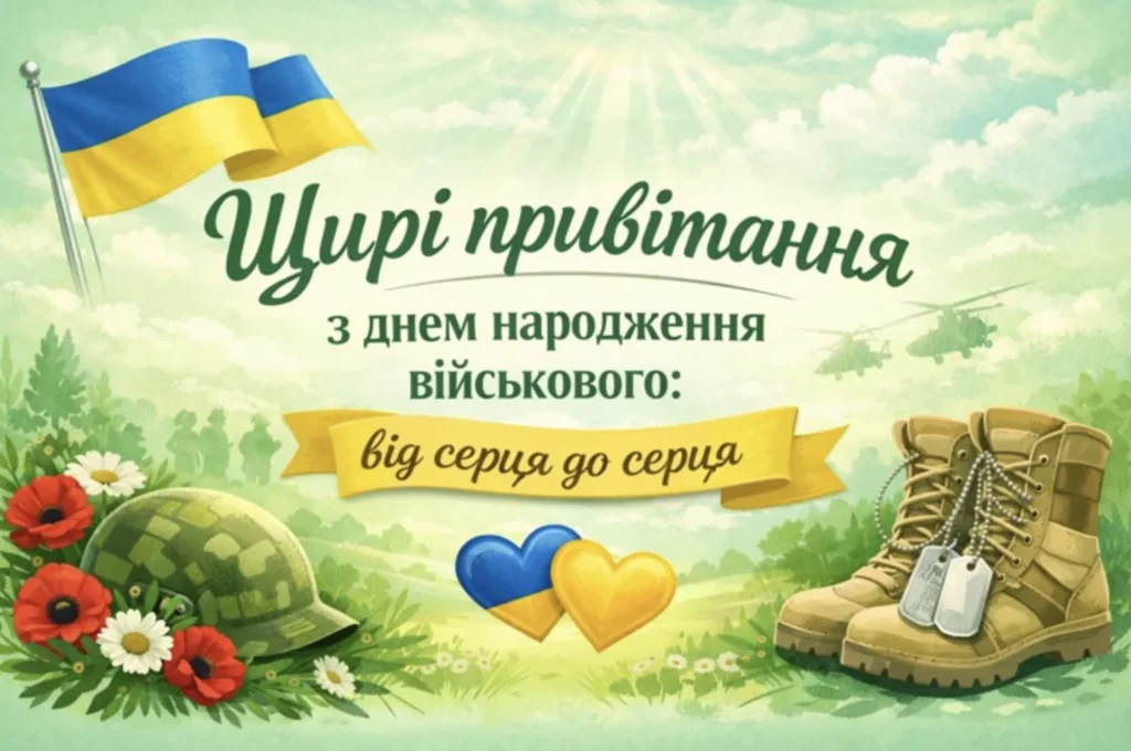Привітання військовому із берцами та шоломом у зелених кольорах