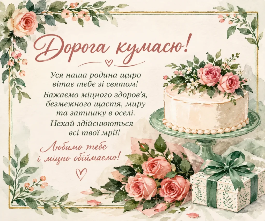 Торт і квіти для куми від кумів 