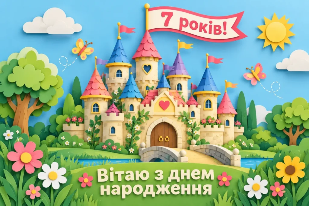 Казковий замок і яскрава листівка на 7 років